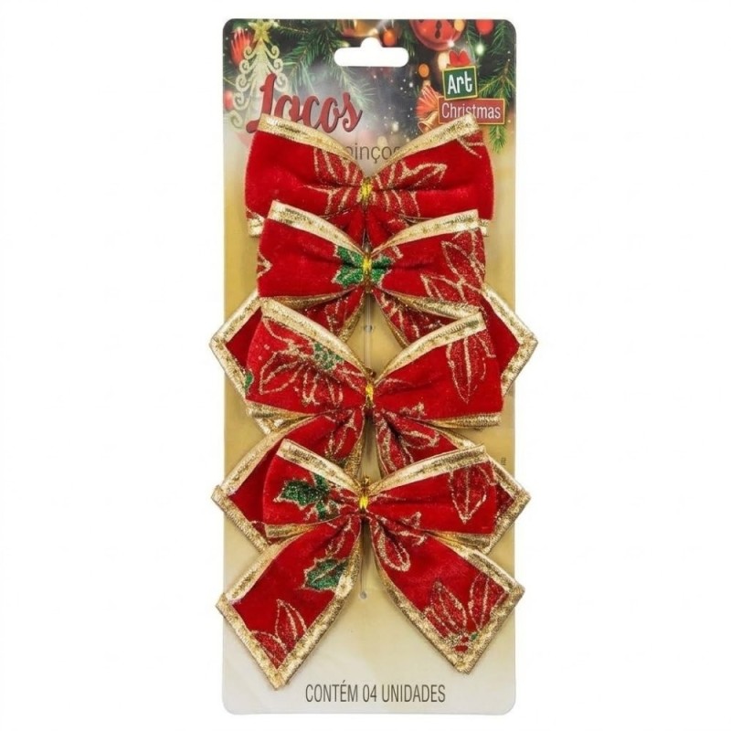 Kit Com 4 Laços De Veludo Para Enfeite De Natal Coloridos 10cm