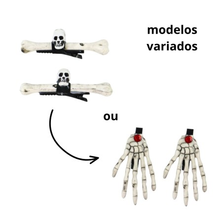 Kit 2 Presilhas De Cabelo Halloween Mão De Caveira Ossos