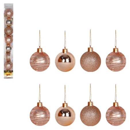 Kit Enfeite 8 Bolas De Natal Lisa Glitter Decorada Champanhe Pendente