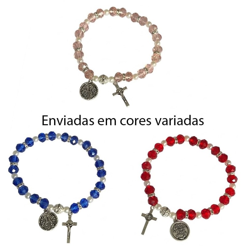 Pulseira Miçanga Colorida Medalha Nossa Sra. Aparecida Pingente Cruz