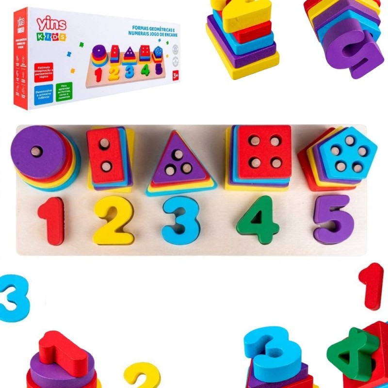 Brinquedo Formas Geométricas Números De Encaixar Madeira Montessori