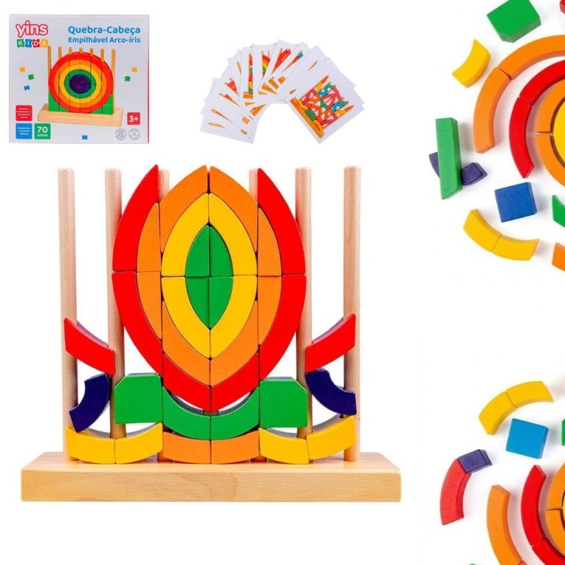 Jogo Quebra Cabeça Empilhável Com Cartas Arco-Íris Montessori