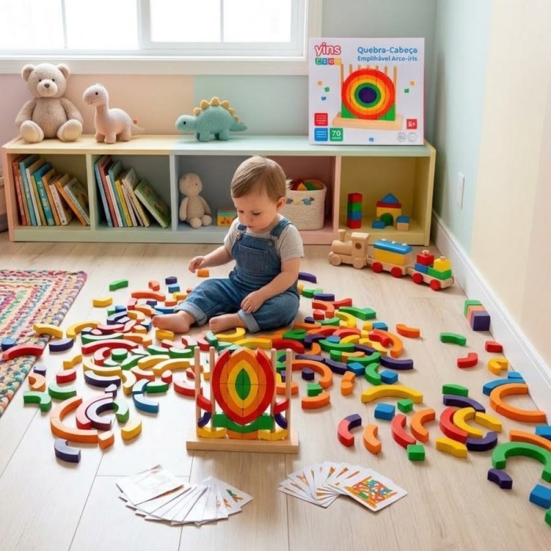 Jogo Quebra Cabeça Empilhável Com Cartas Arco-Íris Montessori