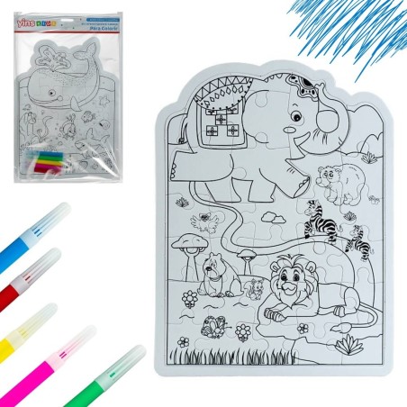 Kit Educativo Quebra Cabeça De Colorir Com Canetinhas Animais