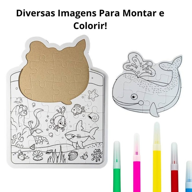 Kit Educativo Quebra Cabeça De Colorir Com Canetinhas Animais