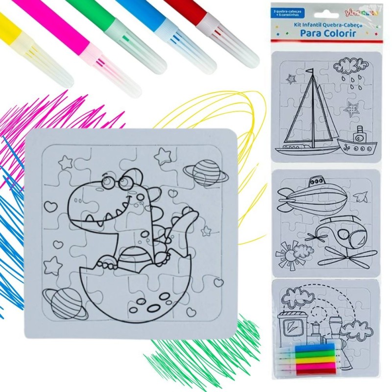 Kit Educativo 3 Quebra Cabeça De Colorir Canetinhas Estampas