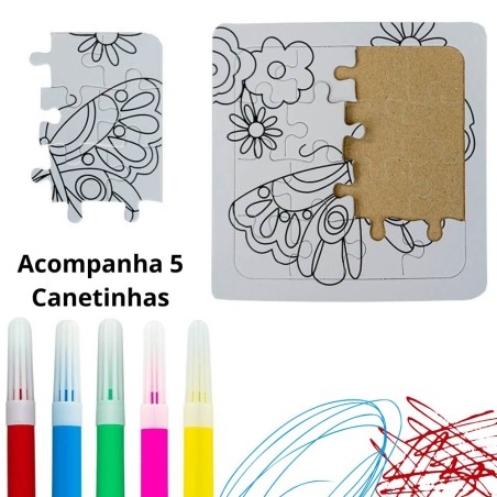 Kit Educativo 3 Quebra Cabeça De Colorir Canetinhas Estampas