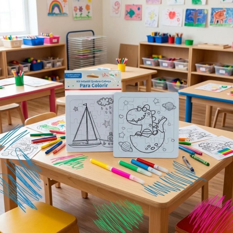Kit Educativo 3 Quebra Cabeça De Colorir Canetinhas Estampas