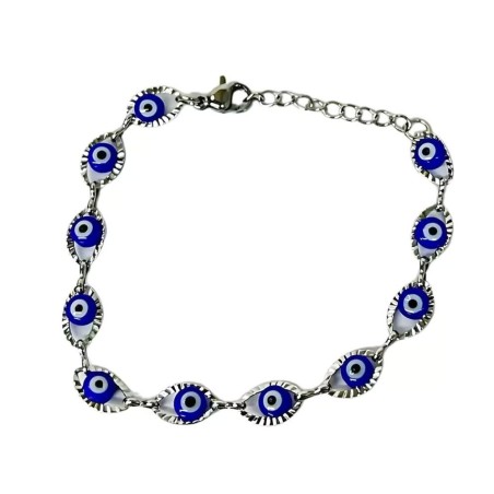 Pulseira Aço Inox 316L Oval Olho Grego 21cm Prateada