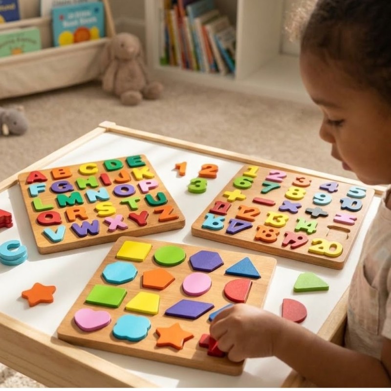 Kit 3 Tabuleiros Educativos Numeros Letras E Formas Em Madeira Montessori