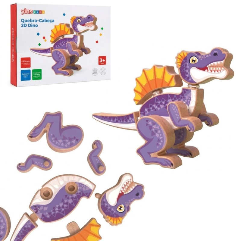 Quebra Cabeça 3D Educativo Dinossauro T-Rex Em Madeira Montessori
