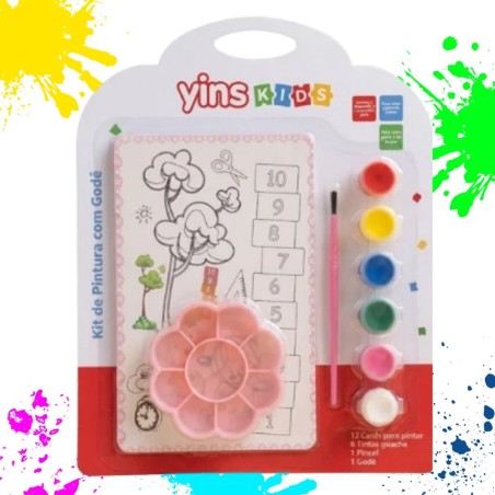 Kit De Pintura Infantil Educativo Pincel Tintas Cards Godê