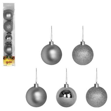 Kit 5 Bolas De Natal Prata Brilho Fosca Gliter Decoração Enfeite 6cm