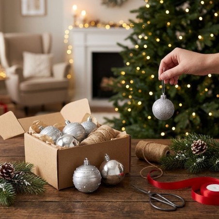 Kit 6 Bolas De Natal Prata 4cm Brilho Decorada Glitter Enfeite