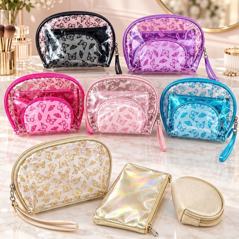 Kit 3 Necessaires Femininas Borboleta Glitter E Holográfica
