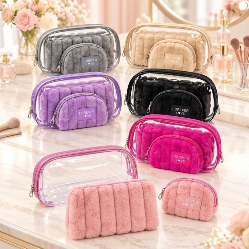 Kit 3 Necessaires Organizadoras Pelúcia E Transparente Maquiagem