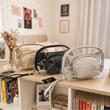 Kit 3 Necessaires Organizadoras Transparente E Tecido Viagem Maquiagem 2