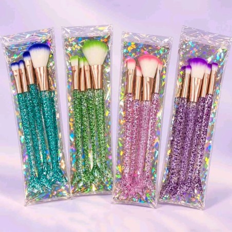 Kit 4 Pincéis Sereia Para Maquiagem Cabo Transparente Com Glitter