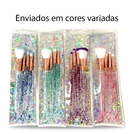 Kit 4 Pincéis Sereia Para Maquiagem Cabo Transparente Com Glitter