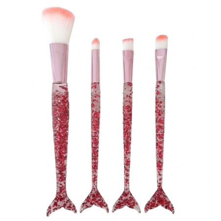 Kit 4 Pincéis Sereia Para Maquiagem Cabo Transparente Com Glitter